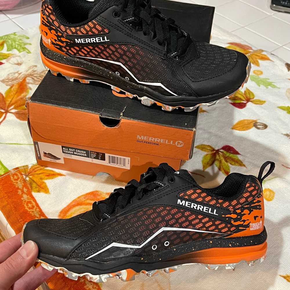 Merrell Black and Orange Athletic Shoes with Mesh Upper and Grippy Outsole